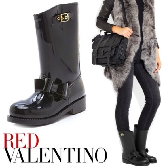 Valentino Red Black Bow Moto Rain Boots Size 40 Us size 10 - Picture 1 of 15